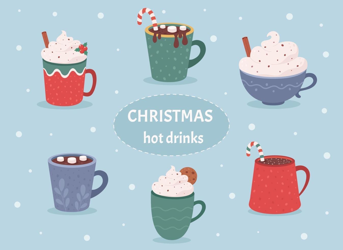 collezione di bevande calde natalizie. bevande calde invernali, cioccolata calda vettore