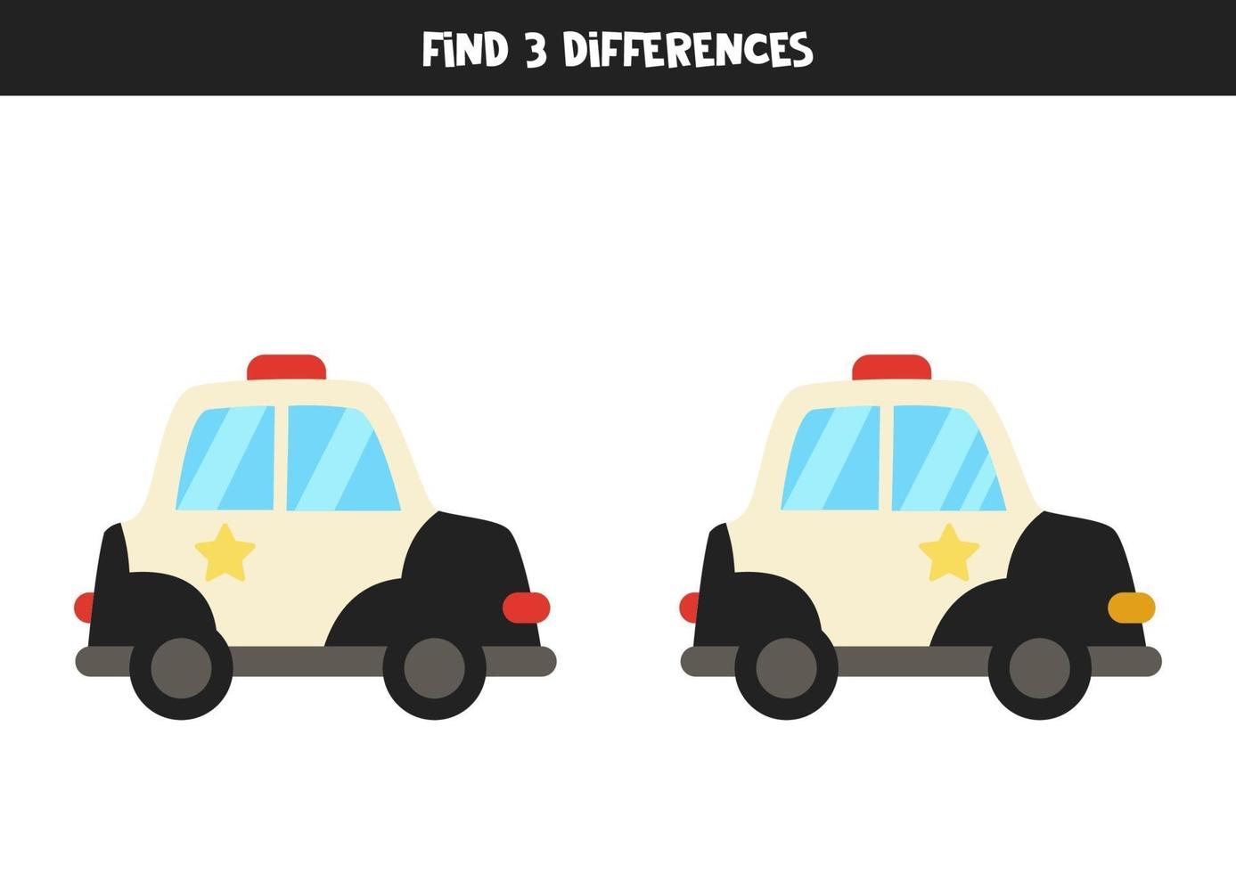trova 3 differenze tra due auto della polizia dei cartoni animati. vettore