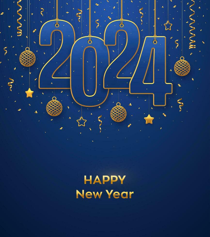 contento nuovo 2024 anno. sospeso su oro corde numeri 2024 con splendente 3d metallico stelle, palle e coriandoli su blu sfondo. nuovo anno saluto carta, bandiera modello. realistico vettore illustrazione.