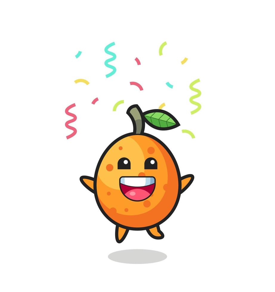 felice mascotte kumquat che salta per congratulazioni con coriandoli colorati vettore