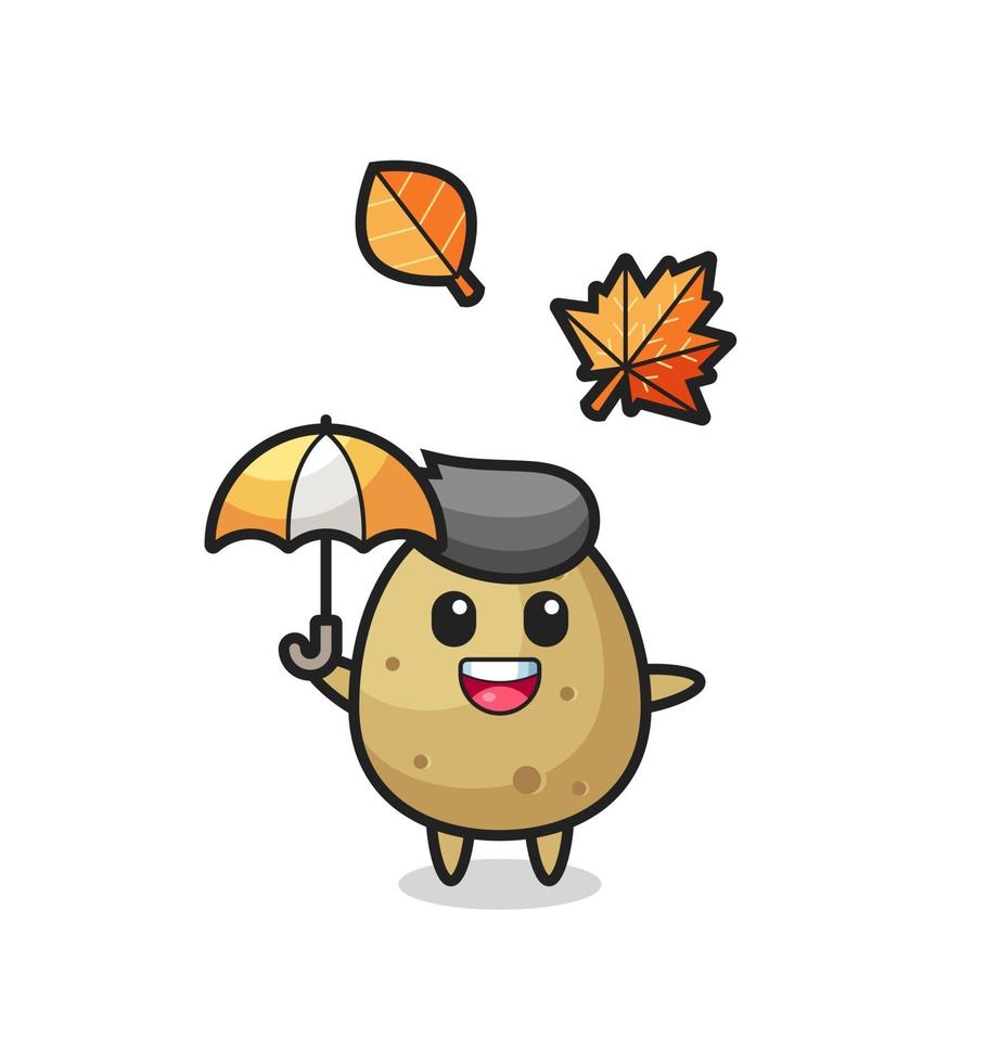cartone animato della patata carina che tiene un ombrello in autunno vettore
