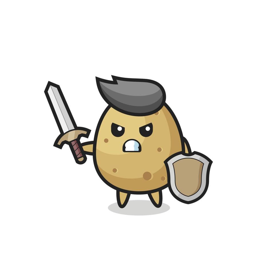simpatico soldato di patate che combatte con spada e scudo vettore