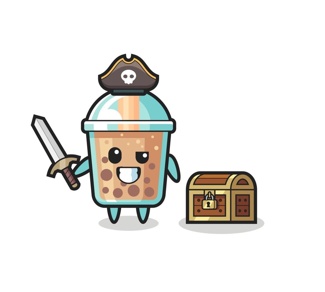 il personaggio pirata del bubble tea che tiene la spada accanto a una scatola del tesoro vettore