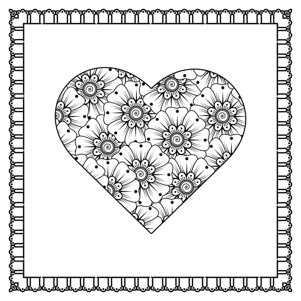 fiore mehndi con cornice a forma di cuore vettore