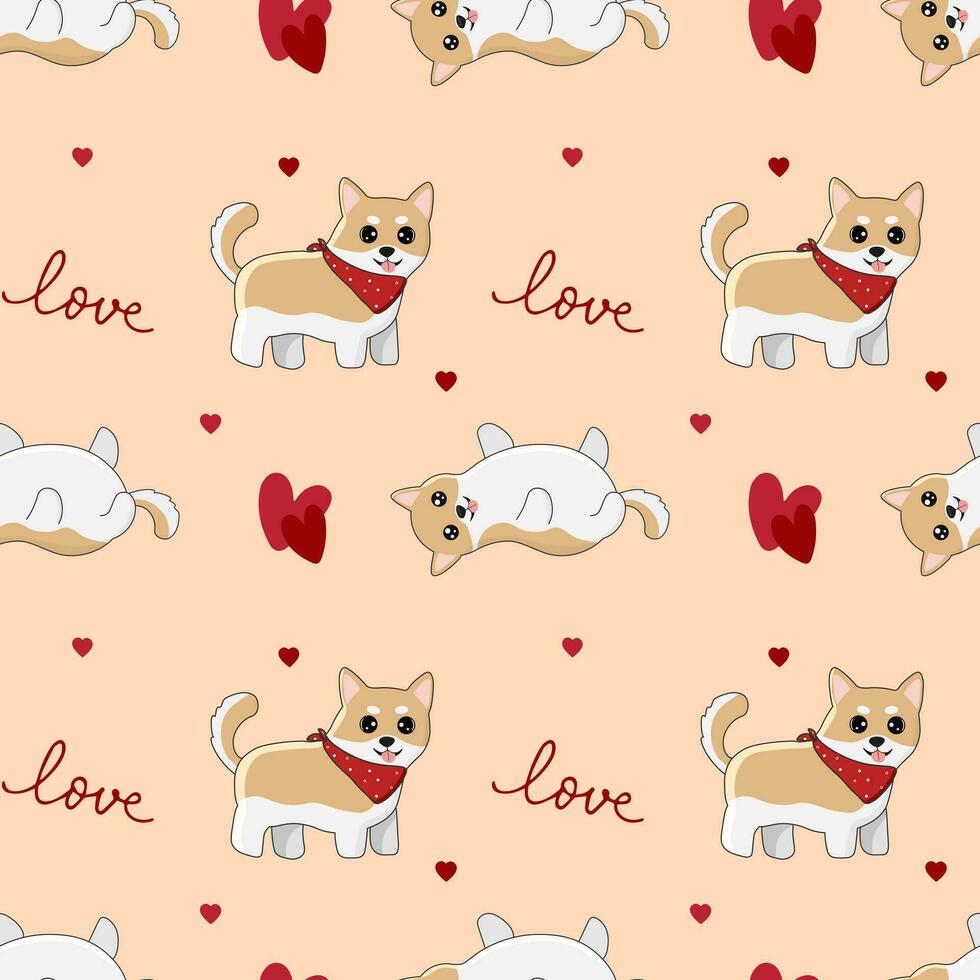 senza soluzione di continuità Patten con shiba inu e cuori. sfondo per involucro carta, saluto carte e di stagione disegni. contento San Valentino giorno. vettore