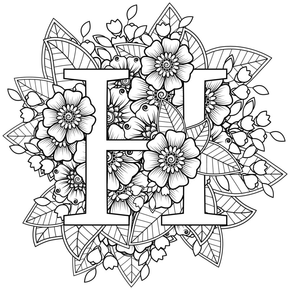 lettera h con fiore mehndi. ornamento decorativo vettore