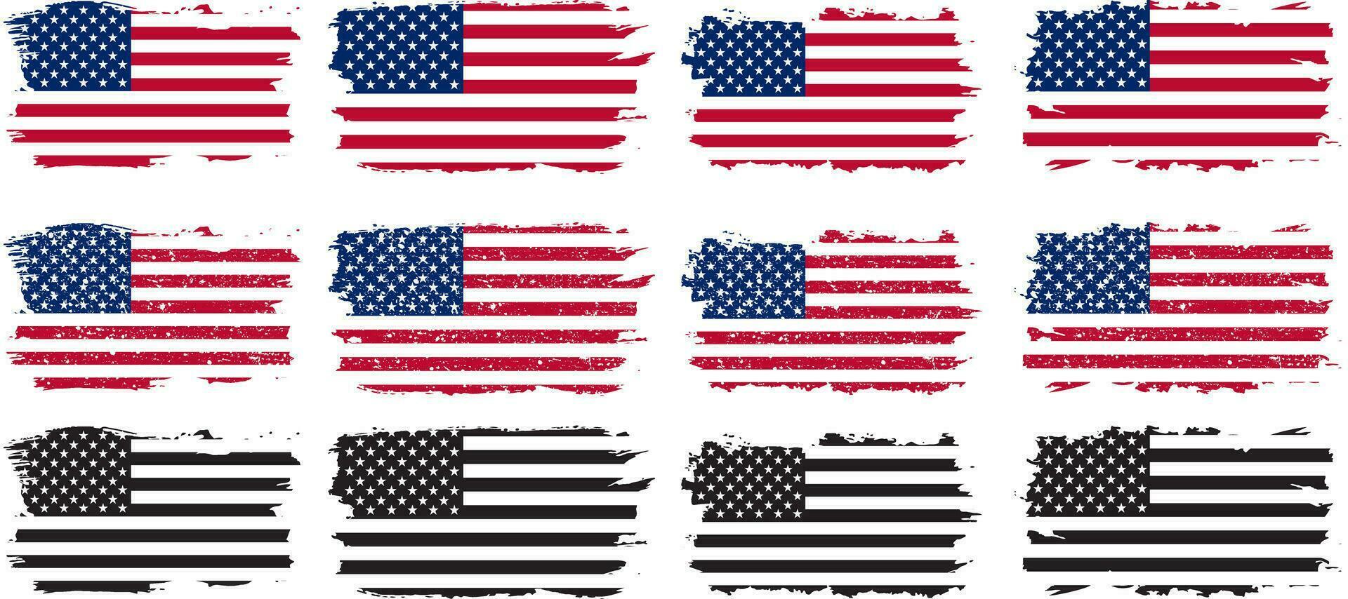 impostato di americano bandiera, bandiera Stati Uniti d'America impostato isolato icona, Stati Uniti d'America bandiera silhouette, americano nazionale simbolo di unito stati con stelle strisce illustrazione vettore