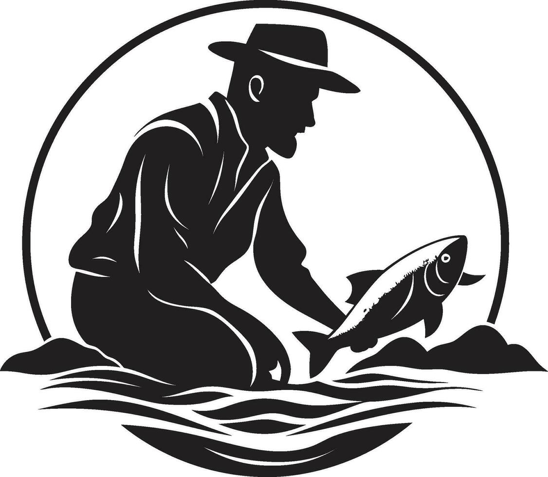 occhio attraente pescatore logo icona pescatore logo con asta e bobina avventura e passione vettore