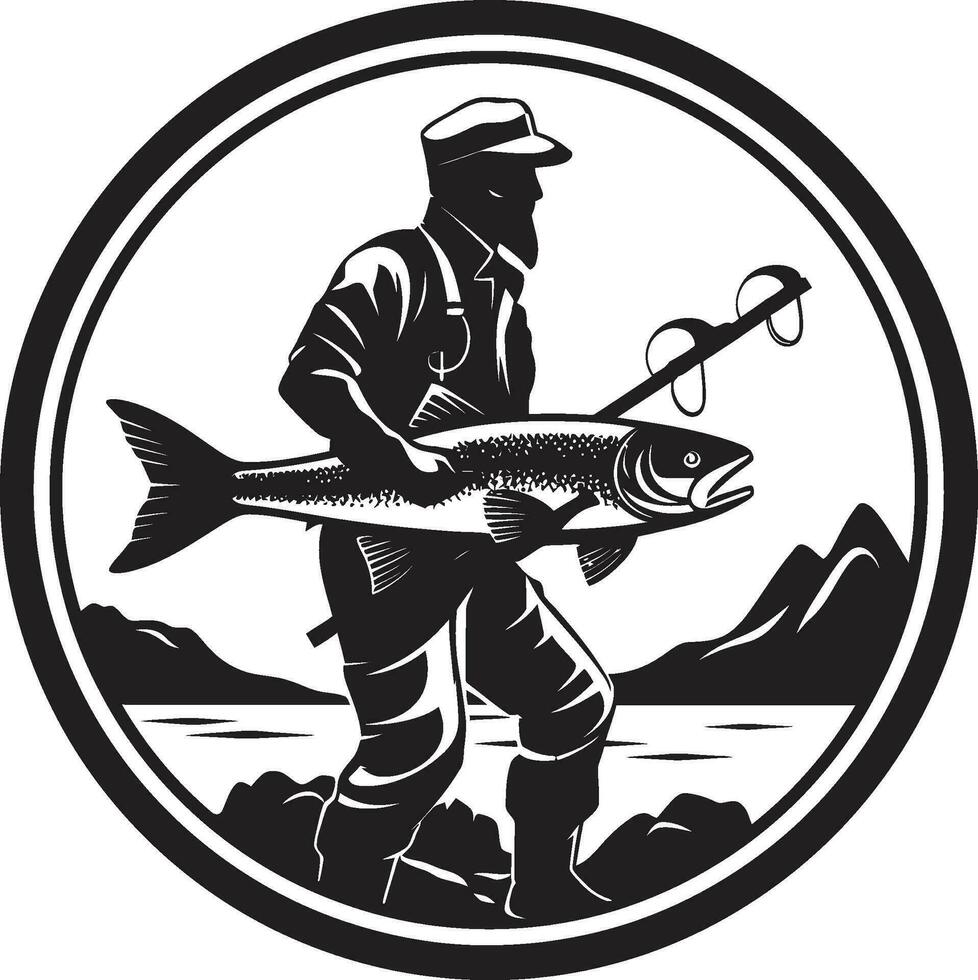 pescatore logo con pesca asta e bobina avventura e passione pescatore logo con pesce successo e abbondanza vettore