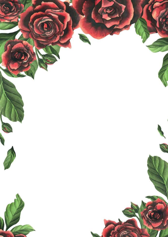 rosso nero rosa fiori con verde le foglie e mini cuffie, elegante, luminosa, Bellissima. mano disegnato acquerello illustrazione. modello su un' bianca sfondo, per decorazione e design. vettore