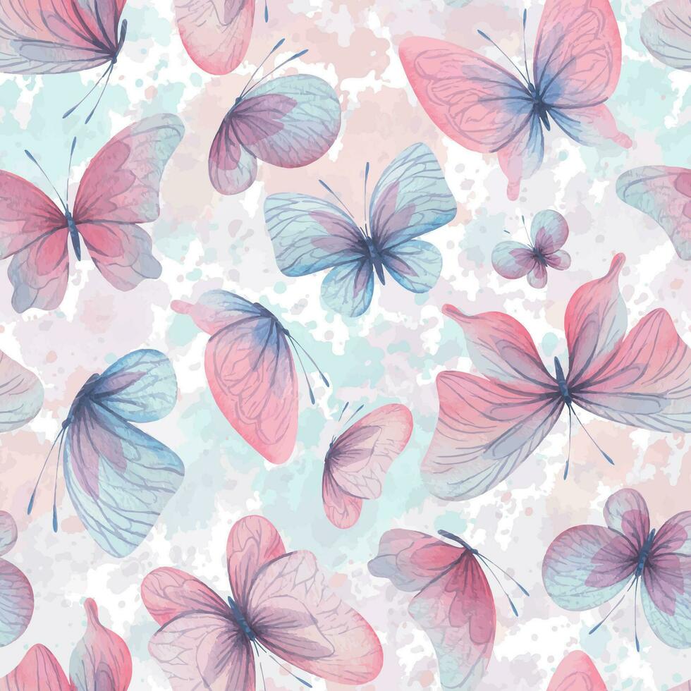 farfalle siamo rosa, blu, lilla, volare, delicato con Ali e spruzzi di dipingere. mano disegnato acquerello illustrazione. senza soluzione di continuità modello su un' bianca sfondo, per design. vettore