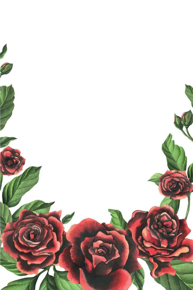 rosso nero rosa fiori con verde le foglie e mini cuffie, elegante, luminosa, Bellissima. mano disegnato acquerello illustrazione. modello su un' bianca sfondo, per decorazione e design vettore