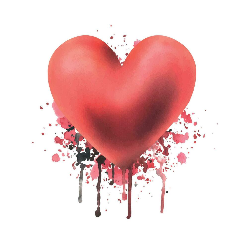 il cuore è rosso e voluminoso con macchie, spruzzi e macchie. mano disegnato acquerello illustrazione. isolato oggetto su bianca sfondo per San Valentino S giorno, appassionato e amore design. vettore