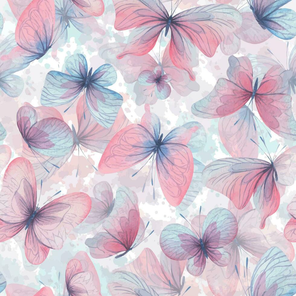 farfalle siamo rosa, blu, lilla, volare, delicato con Ali e spruzzi di dipingere. mano disegnato acquerello illustrazione. senza soluzione di continuità modello su un' bianca sfondo, per design vettore