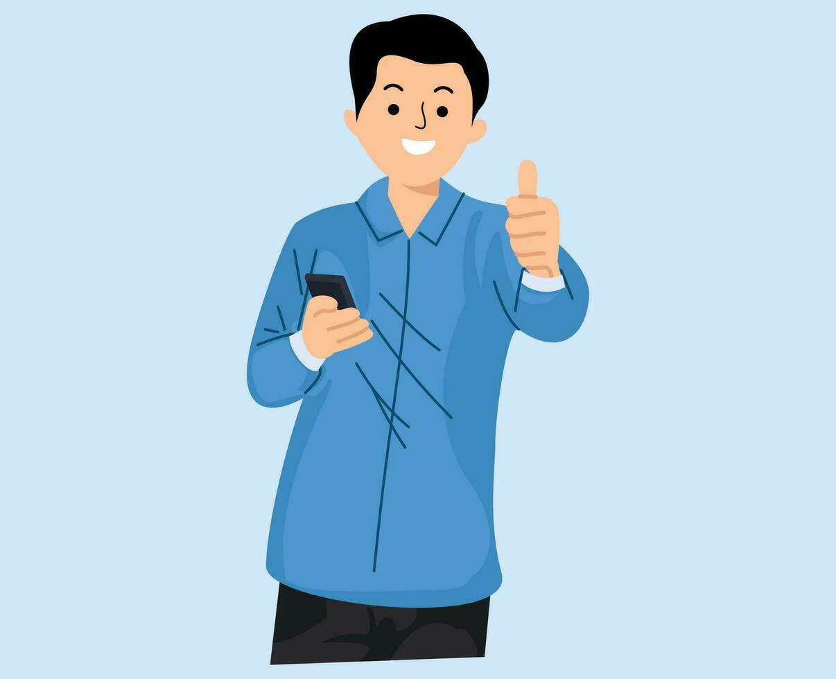 sorridente giovane uomo hold smartphone e mostrando pollici su gesto vettore