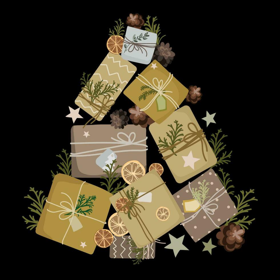 Natale albero fatto a partire dal regalo scatole su un' nero sfondo.natale e nuovo anno design elemento per Stampa o sfondo e qualunque vacanza decorazione disegno.vettore illustrazione vettore