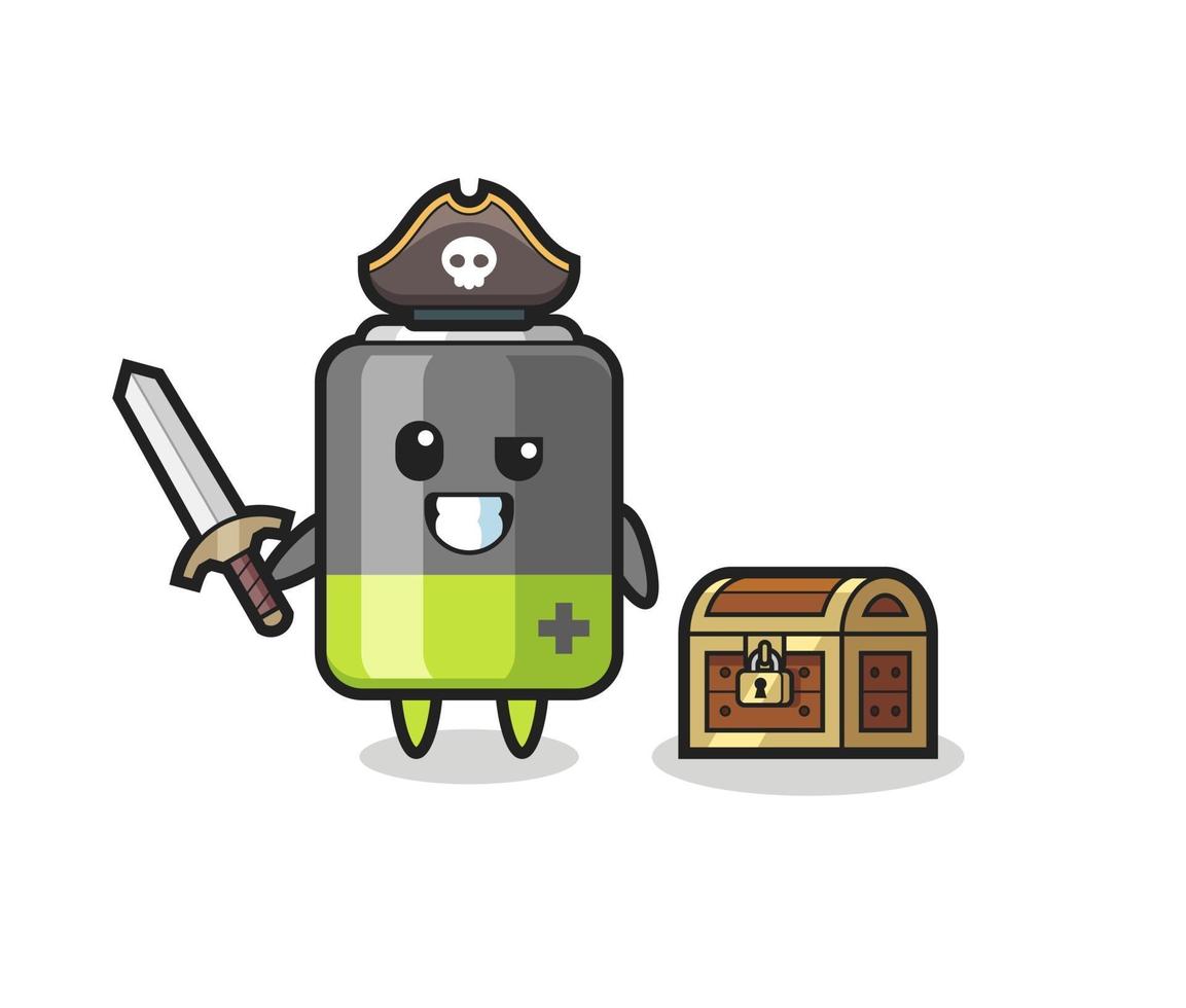 il personaggio pirata della batteria che impugna la spada accanto a una scatola del tesoro vettore