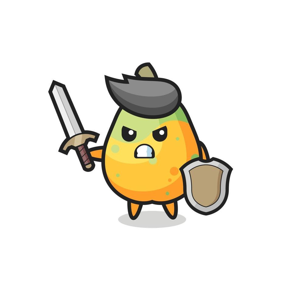 simpatico soldato di papaya che combatte con spada e scudo vettore