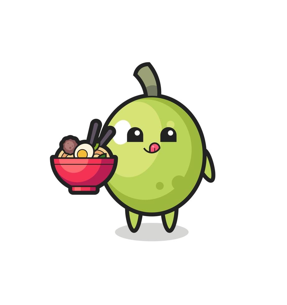 simpatico personaggio oliva che mangia noodles vettore