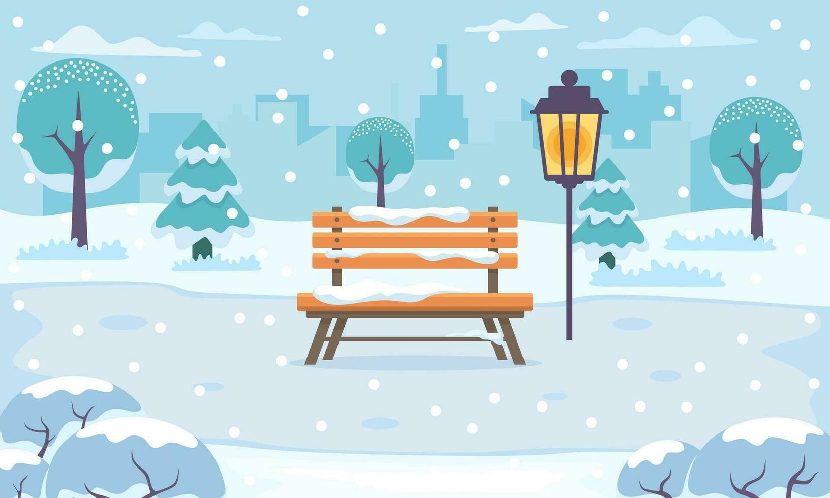 inverno città parco con neve e città silhouette. panchina nel inverno città parco, inverno vacanze concetto nel piatto cartone animato stile. città parco paesaggio striscione. urbano all'aperto. vettore illustrazione