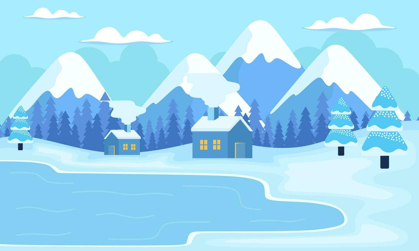 carino inverno paesaggio. inverno striscione. bello case nel un' nevoso valle. orizzontale paesaggio. inverno cabina illustrazione vettore