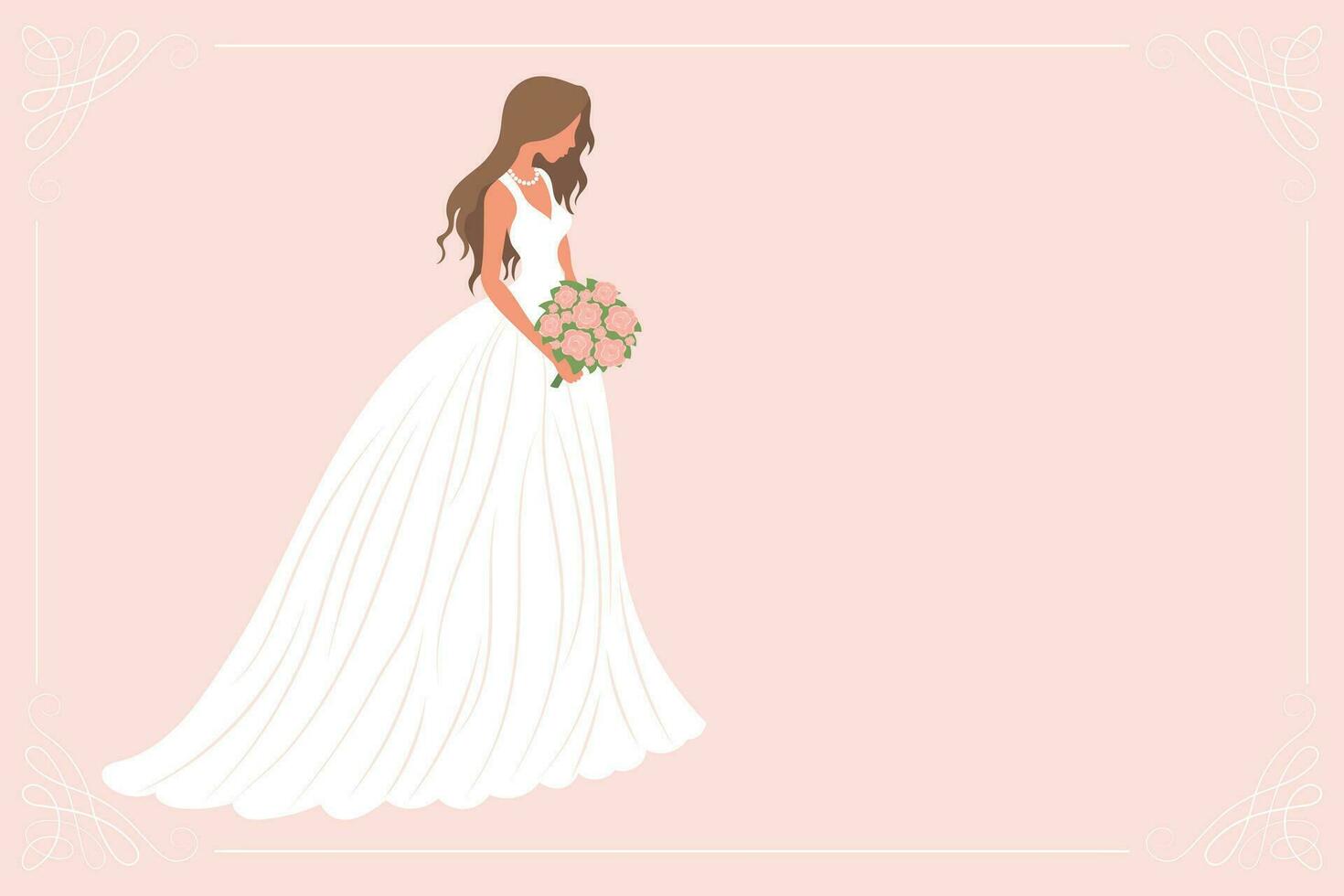 sposa nel un' bianca nozze vestito con un' mazzo di fiori. lusso nozze bandiera modello per invito. illustrazione, vettore