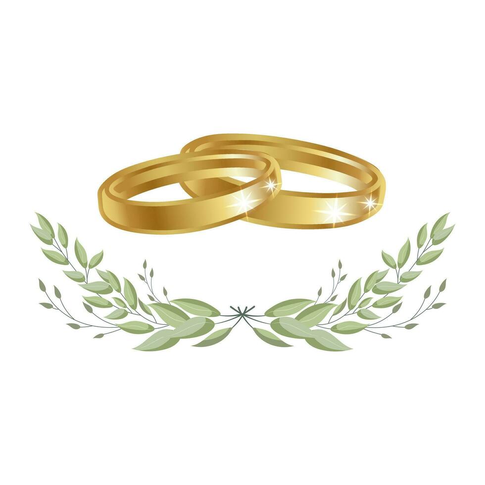 oro nozze anelli nel un' ghirlanda di eucalipto le foglie. nozze clipart, logo per invito. vettore