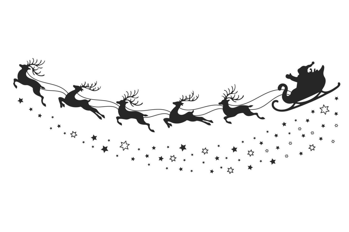 Santa su un' slitta con renna e stelle, silhouette su un' bianca sfondo. inverno illustrazione, vettore