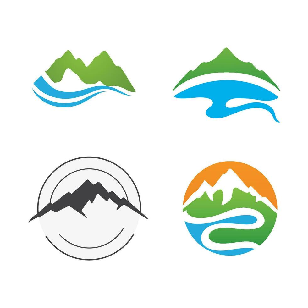 loghi di fiumi, insenature, sponde e flussi. fiume logo con combinazione di montagne e terreni agricoli con concetto design vettore illustrazione modello.