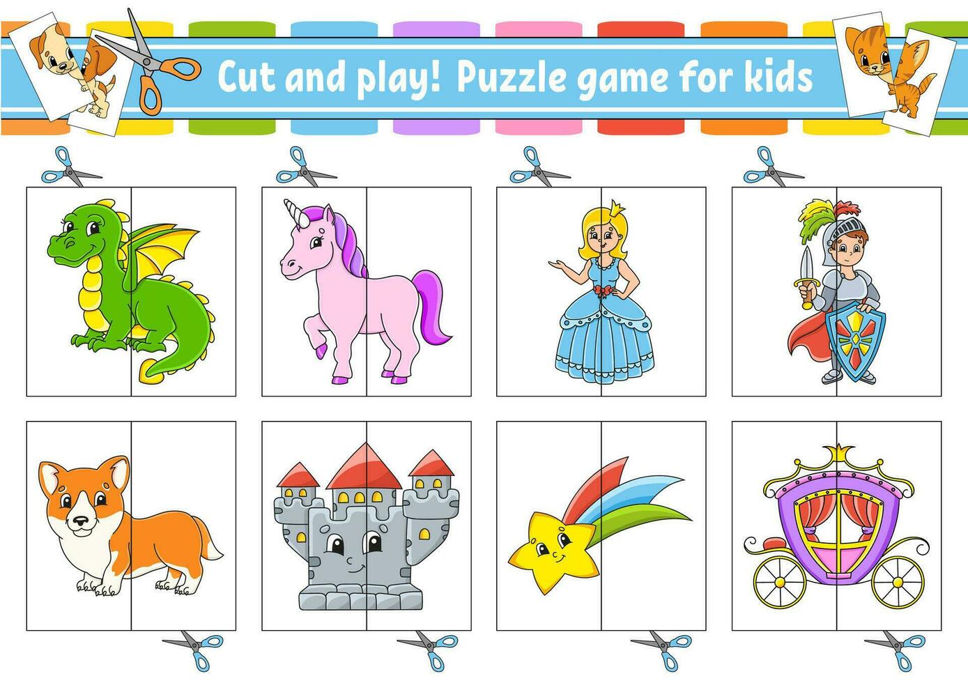 tagliare e giocare a. veloce carte. colore puzzle. formazione scolastica sviluppando foglio di lavoro. attività pagina. gioco per bambini. cartone animato stile. divertente carattere. vettore illustrazione.