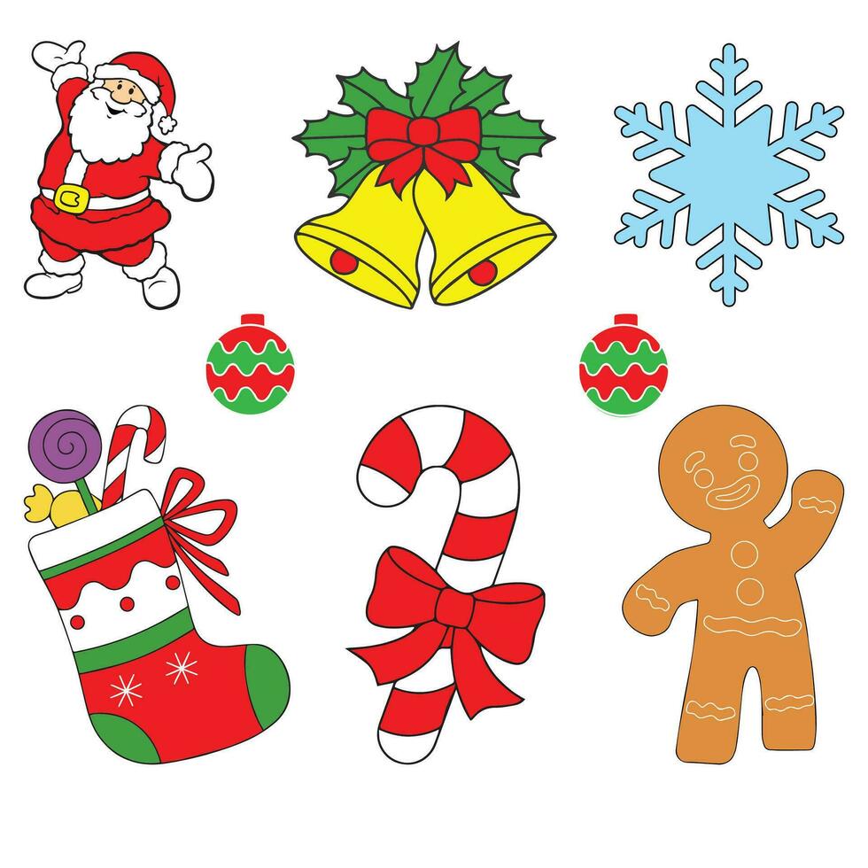 Natale clip arte impostato con Santa claus, Pan di zenzero uomo, caramella canna , i fiocchi di neve altro elementi vettore
