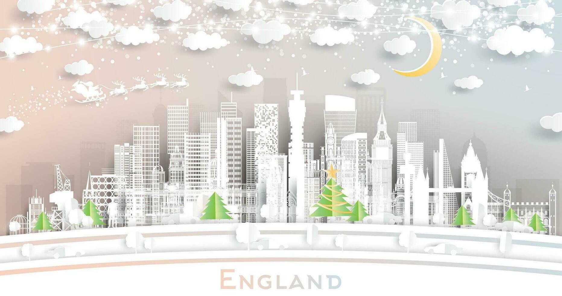 Inghilterra. inverno città orizzonte nel carta tagliare stile con fiocchi di neve, Luna e neon ghirlanda. Natale, nuovo anno concetto. paesaggio urbano con punti di riferimento. Bristol. leeds. Sheffield. Londra. vettore