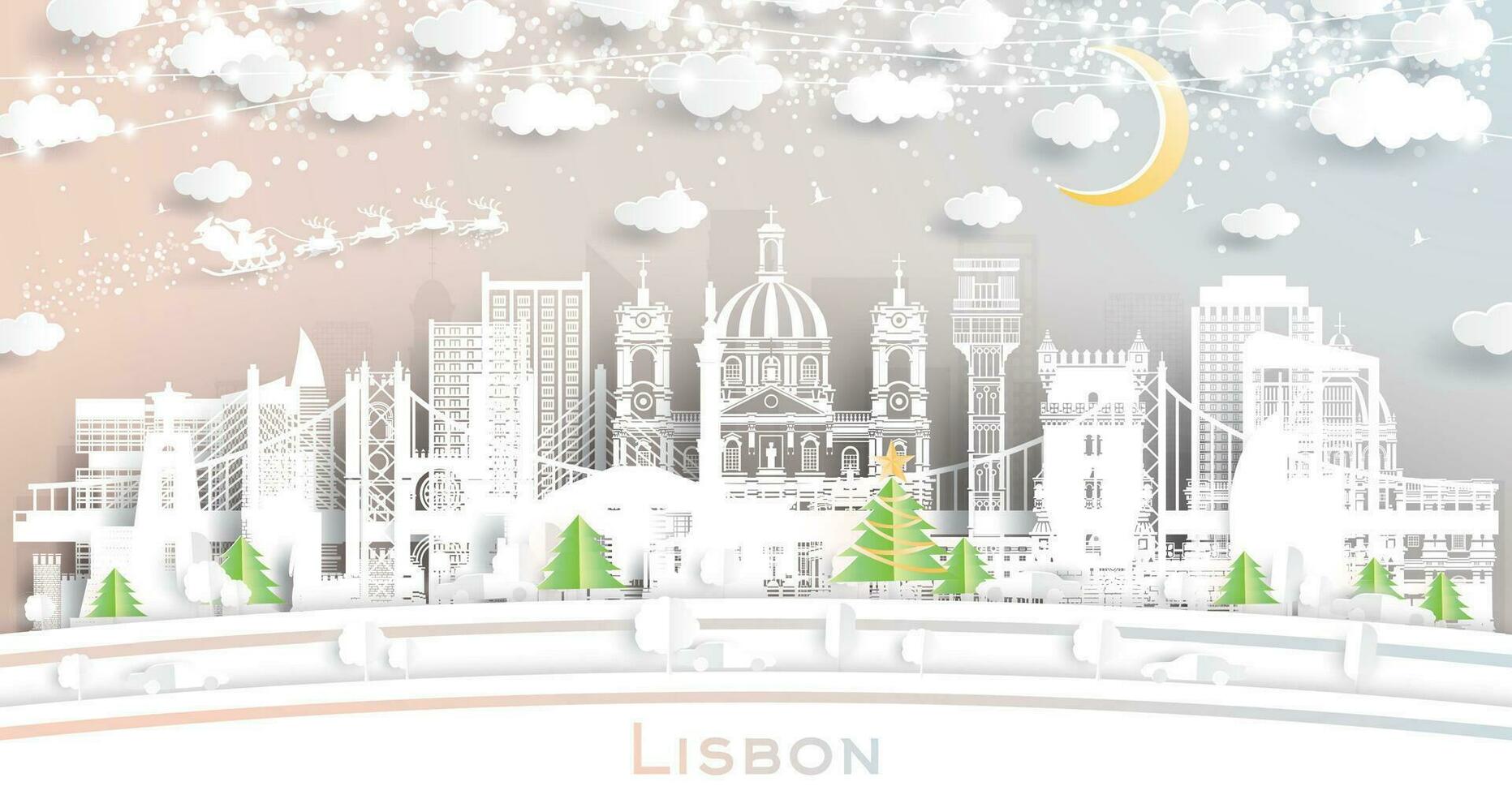 Lisbona Portogallo. inverno città orizzonte nel carta tagliare stile con fiocchi di neve, Luna e neon ghirlanda. Natale, nuovo anno concetto. Lisbona paesaggio urbano con punti di riferimento. vettore