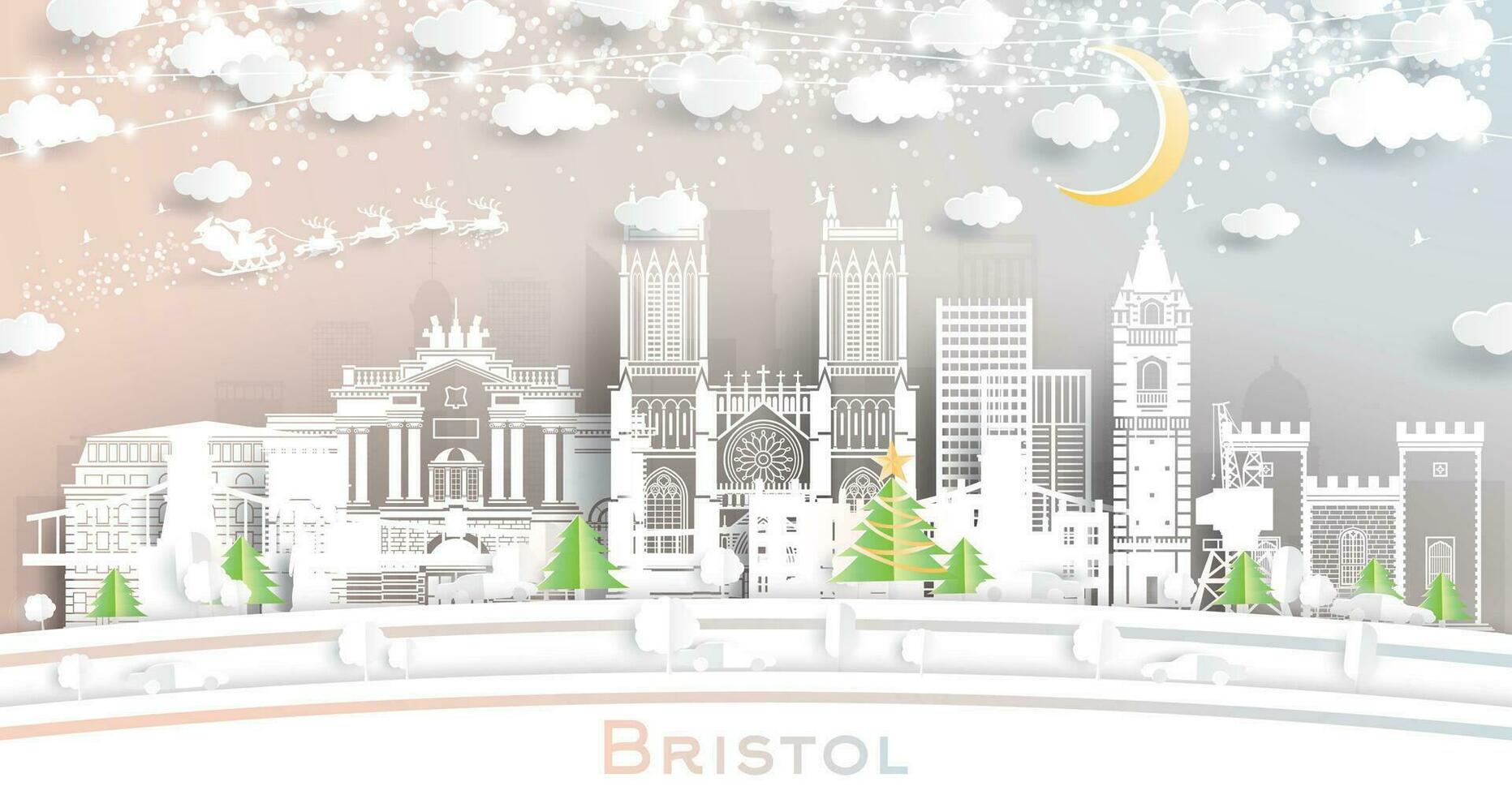Bristol UK. inverno città orizzonte nel carta tagliare stile con fiocchi di neve, Luna e neon ghirlanda. Natale, nuovo anno concetto. Santa claus. Bristol Inghilterra paesaggio urbano con punti di riferimento. vettore