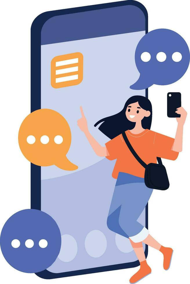 mano disegnato femmina personaggio parlando con smartphone nel in linea comunicazione concetto nel piatto stile vettore