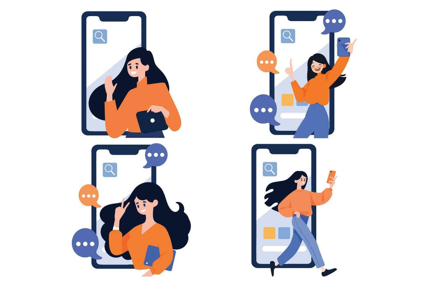 mano disegnato femmina personaggio parlando con smartphone nel in linea comunicazione concetto nel piatto stile vettore