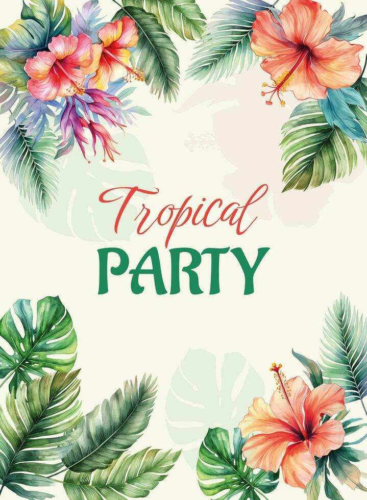 tropicale telaio con le foglie e fiori per festa inviti, manifesti e nozze carte. vettore modello