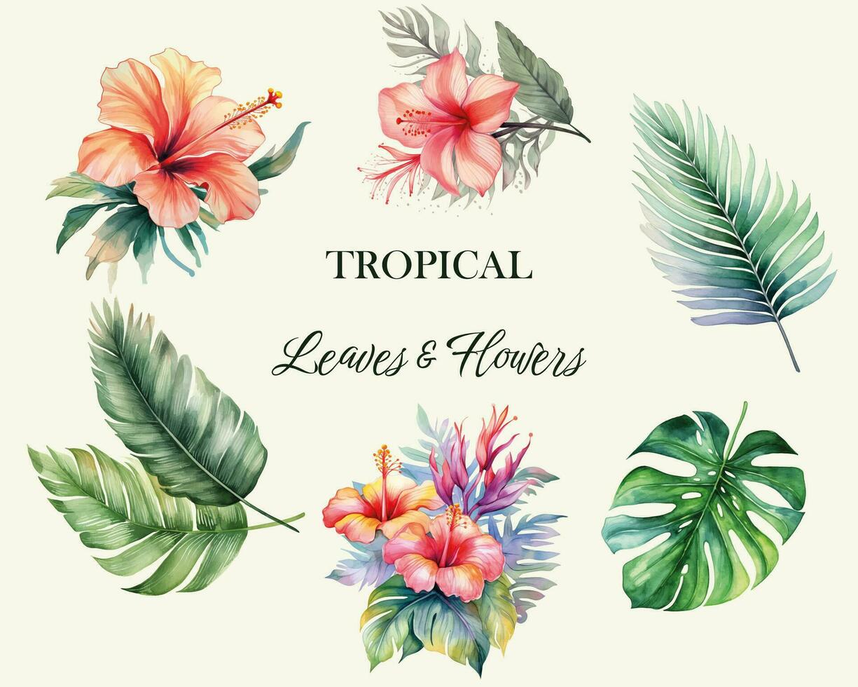 tropicale vettore fiori. acquerello floreale illustrazione. impostato di esotico fiori e le foglie. tropicale collezione