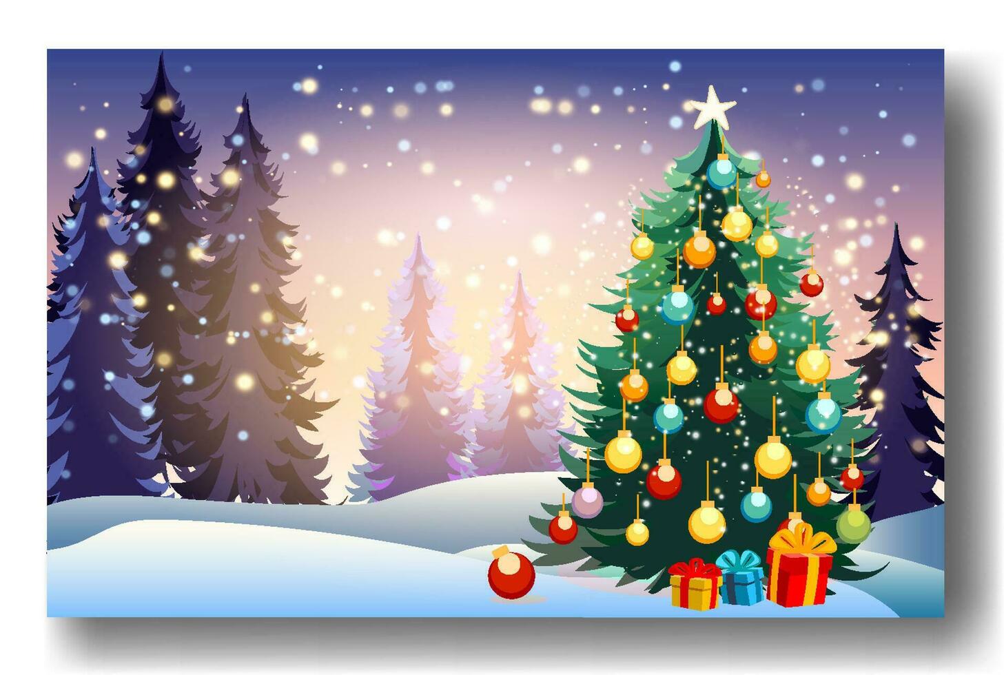 bellissimo Natale e nuovo anni sfondo con decorato Natale albero nel soffice cumuli di neve contro sfondo di sera inverno foresta, caduta neve e magico cielo vettore