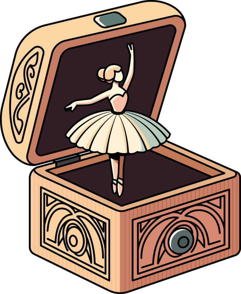 ballerina ballerino figura nel un' musica scatola azione vettore Immagine, classico di legno musica scatola con intricato intagli, un' avvolgimento chiave su il lato, e un' danza ballerina figura su superiore azione vettore Immagine