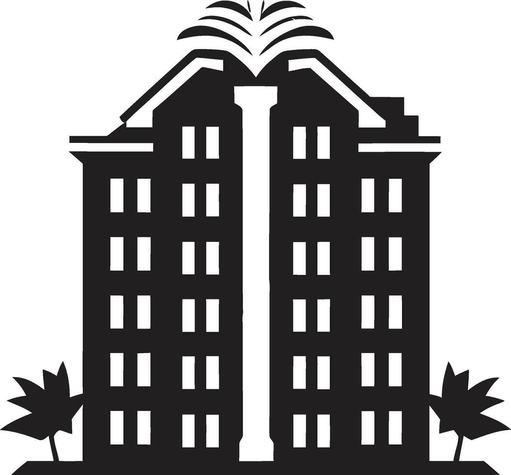 architettonico splendore paesaggio urbano emblema nel nero maestoso urbano residenza appartamento edificio logo vettore