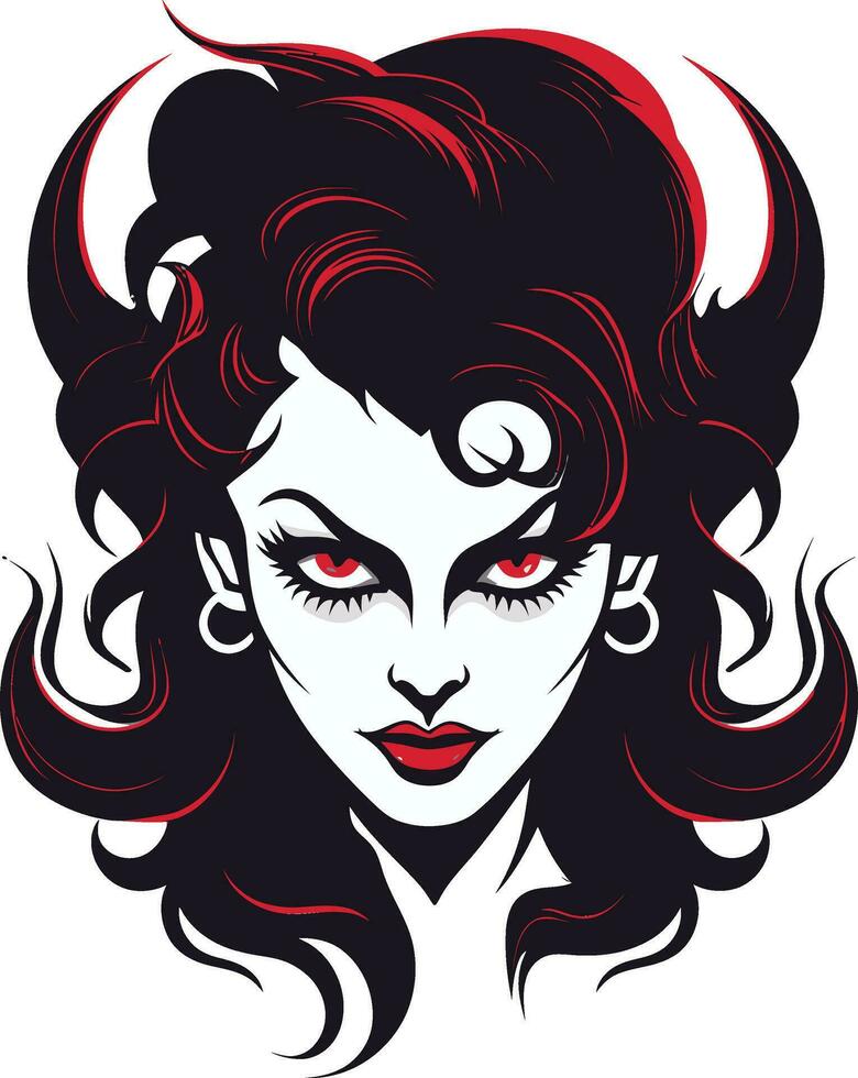 iconico diabolico fascino incantevole demone emblema elegante enigma bellissimo femmina demone nel nero vettore