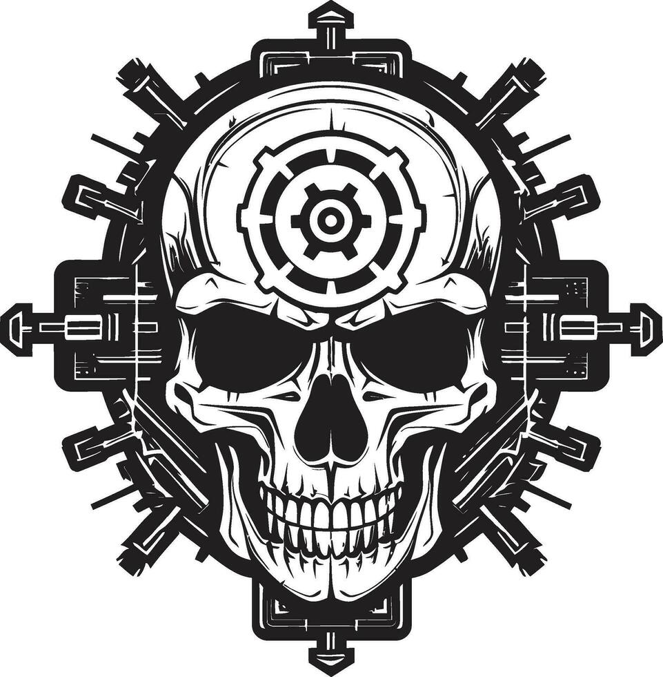 Gotico meccanico cranio un' Gotico industriale visione monocromatico macchina icona dove ingranaggi cospirare vettore