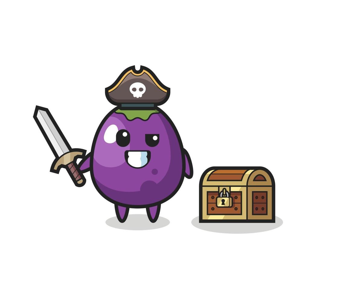 il personaggio pirata di melanzane che impugna la spada accanto a una scatola del tesoro vettore
