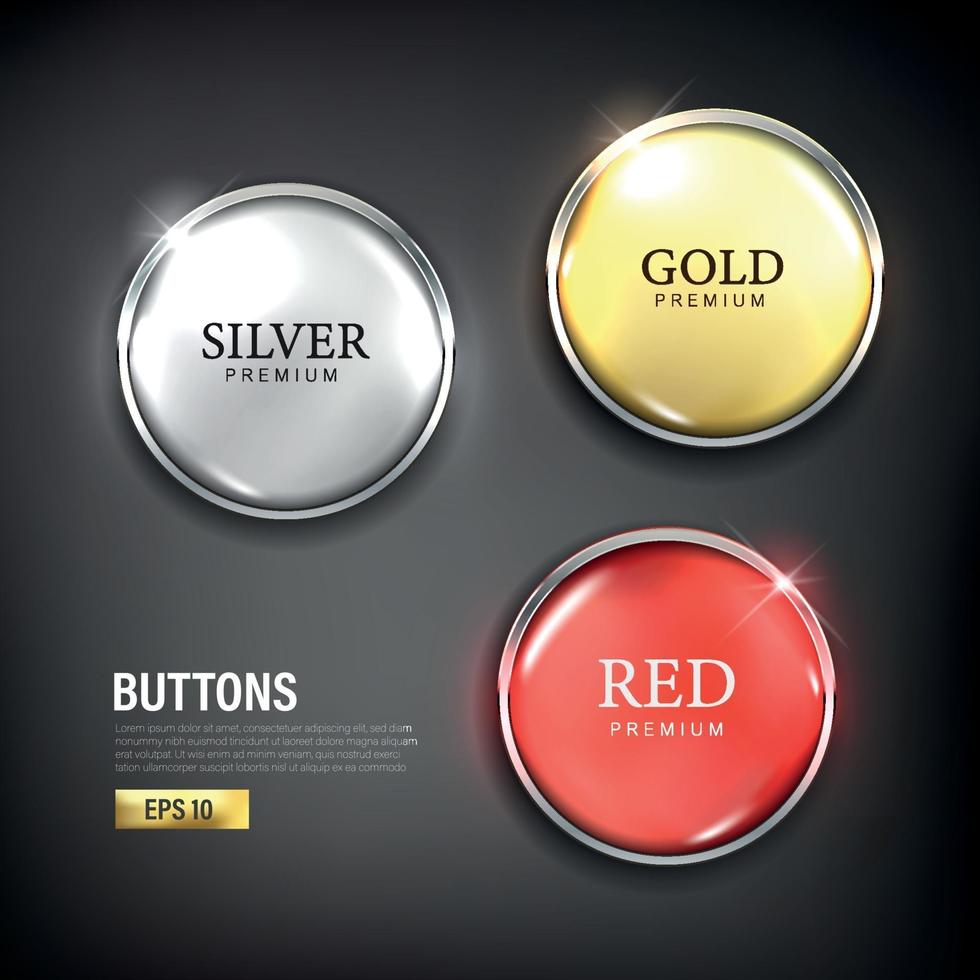set di bottoni cerchio moderno colore oro argento e rosso vettore