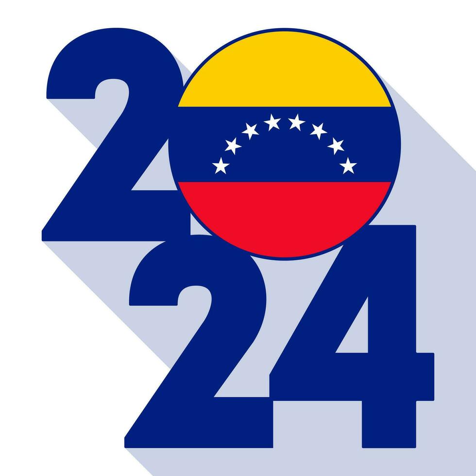 contento nuovo anno 2024, lungo ombra bandiera con Venezuela bandiera dentro. vettore illustrazione.