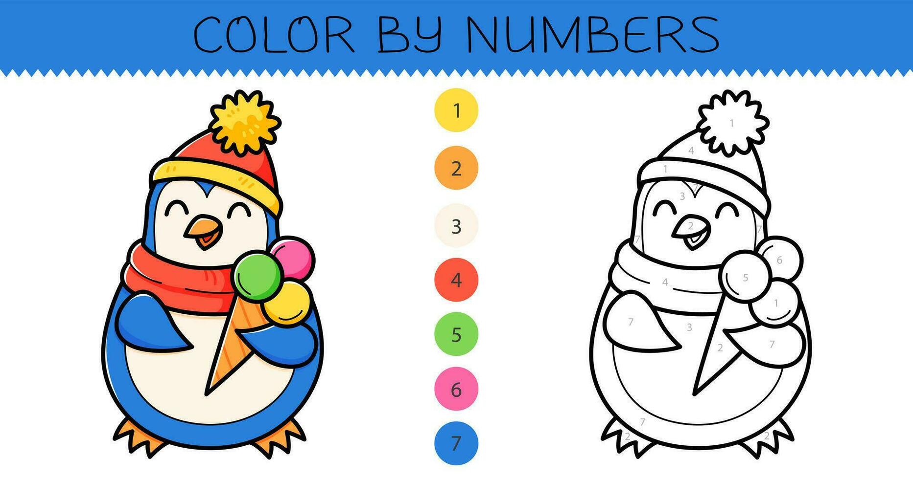 colore di numeri colorazione libro per bambini con carino pinguino con ghiaccio crema. colorazione pagina con cartone animato pinguino con un esempio per colorazione. monocromatico e colore versioni. vettore illustrazione.