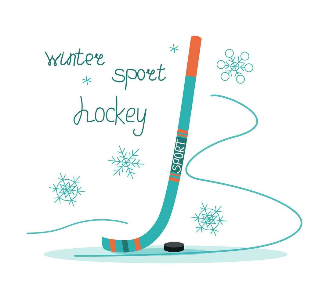 hockey bastone e hockey disco. inverno sport, inverno stagione. gli sport attrezzatura. neve, fiocchi di neve. attivo salutare stile di vita. lettering vettore