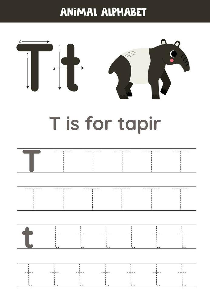 tracciato alfabeto lettere per bambini. animale alfabeto. t è per tapiro. vettore