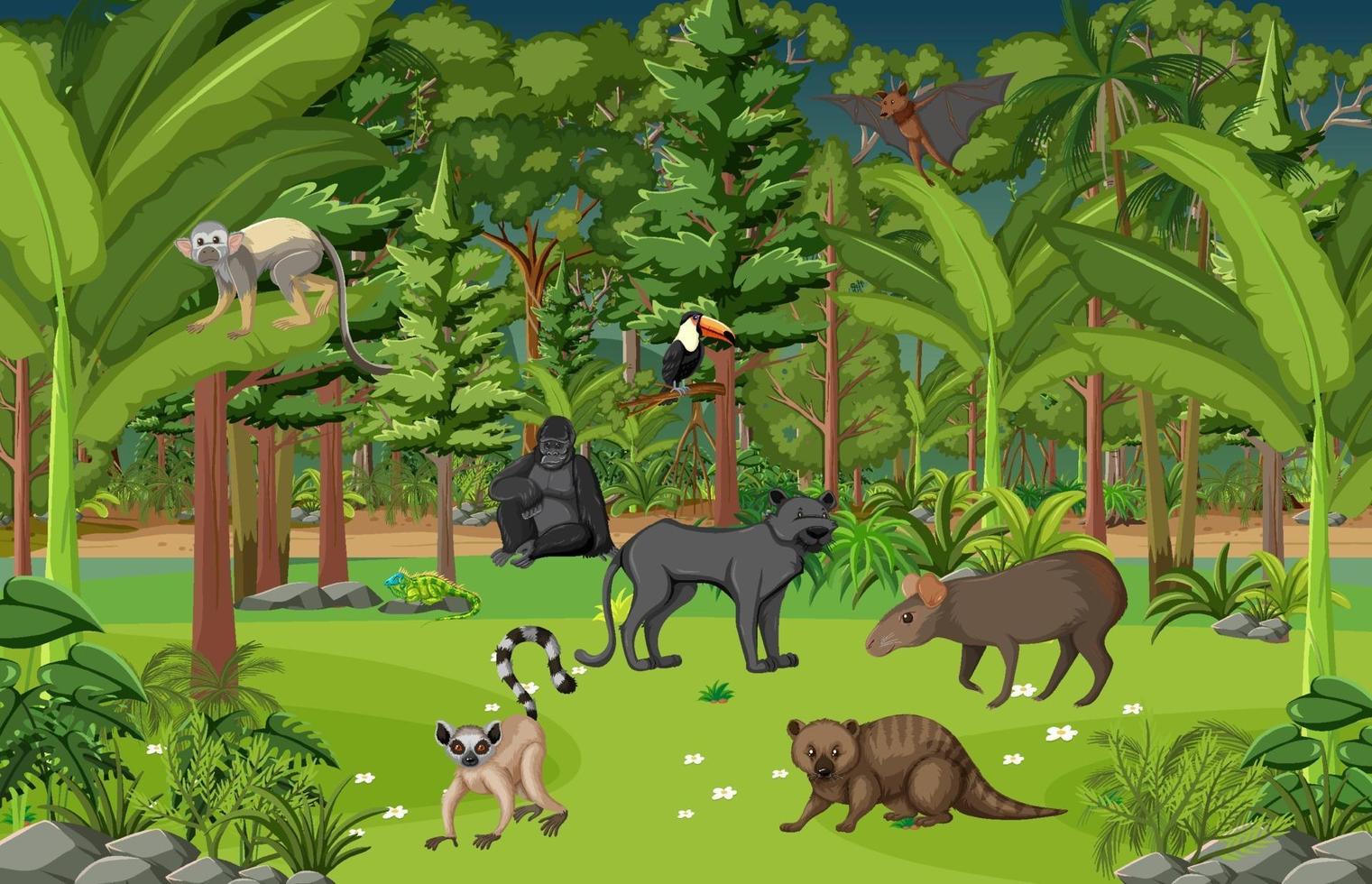 scena della foresta pluviale tropicale con vari animali selvatici vettore
